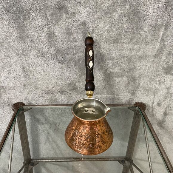 Vintage Copper+? Turkish coffee Cezve mother of pearl inlay wood handle - Picture 2 of 12